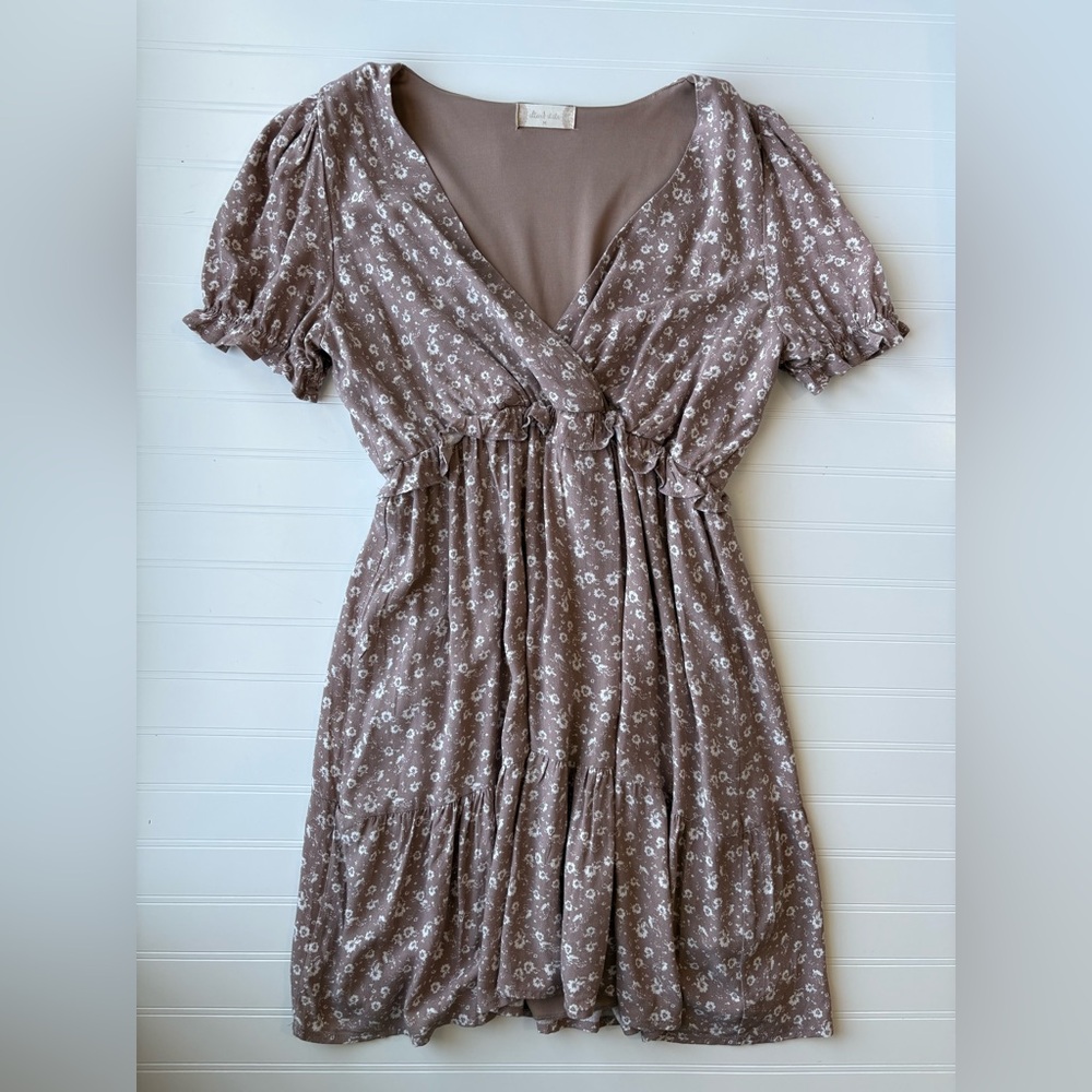 Taupe Floral Wrap-Style Women’s Dress